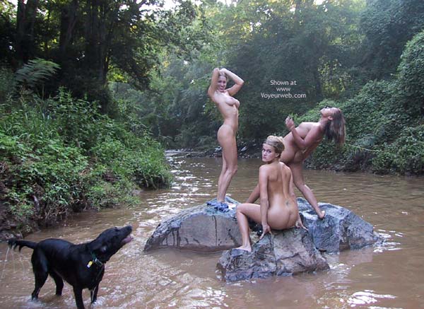 Group Of Girls Playing In The River - Nude Outdoors , Group Of Girls Playing In The River, Mermaids On The Rocks, Howling At The Moon, Three Girls On Creek, Small Titties