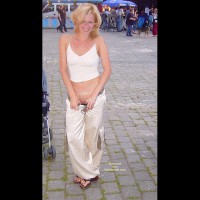 Exposed Pussy In Publie - Sandals, Sexy Panties , Exposed Pussy In Publie, Blonde In Thong Sandals, White Top And Pants, Public Panty Pulldown