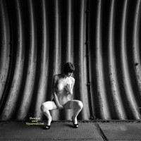 Posing For Sexy Photos - Black Hair, Heels, Naked Girl, Nude Amateur , Artistic Shot, Artistic Squating Nude, Black And White, Hand Over Pussy, Looking Down, Black & White Shot, Subway Tunnel, Artistic Bw Shot, Hand Covering Crotch, Hand On Breast