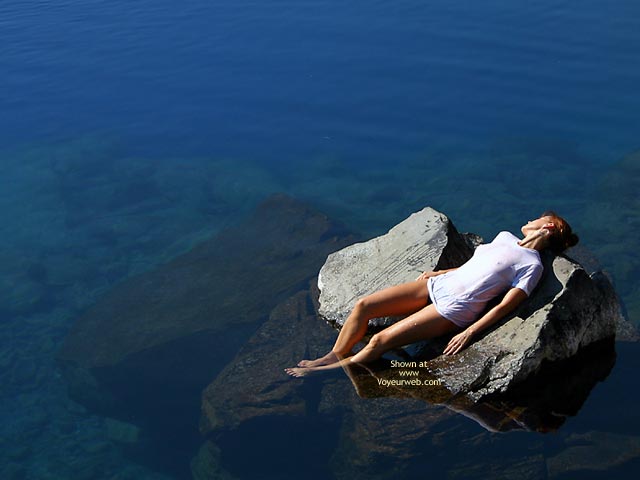 Girl On A Rock In The Ocean - Artistic Nude, Sunbathing , Girl On A Rock In The Ocean, Artistic Shot, Wet T-shirt, Sunbathing