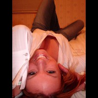 Brunette Laying Across The Floor - Jeans , Brunette Laying Across The Floor, Down Blouse, Jeans, White Shirt
