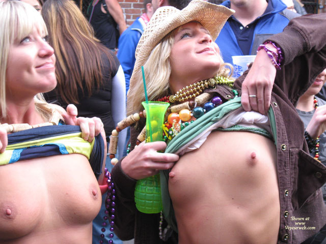 Mardi Gras Flashers - Blonde Hair, Flashing, Small Breasts , Flashing For Beads, Blond Flashers, Happy Smiling Faces, Outdoor Tits, Pink Areolas, Flashing Breasts Upwards To Stage, Large Erect Nipples