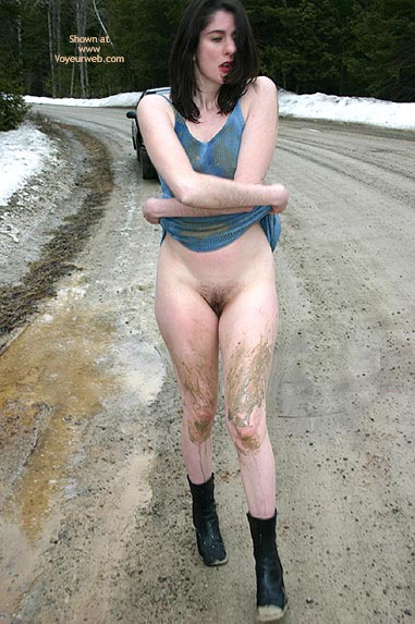 Stripping On The Road - Boots, Naked Outdoors , Stripping On The Road, Nice Pussy, Black Boots, Mud, Pussy On The Road, Dirty Legs, Brunett Naked Outdoors