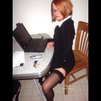 In Front Of Laptop - Stockings , In Front Of Laptop, Black Stockings, Girl On A Chair, Sexy In Front Of Computer, Bussiness Attire