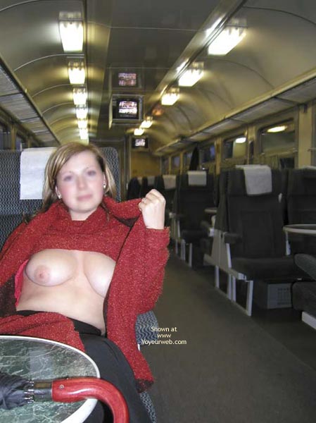 Flashing On Train - Sweater , Flashing On Train, Lifted Sweater, Exposed On A Train, Red Sweater, Pulling Up Top, Flashing
