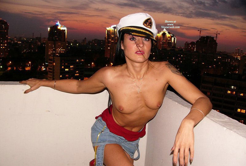 Topless On The Roof - Blue Eyes, Small Tits, Topless , Girl Wearing Sailors Cap, Topless On The Balcony, Sexy Topless, Topless On Building Roof, Topless Beauty, Topless Me, Night View Of City In Background