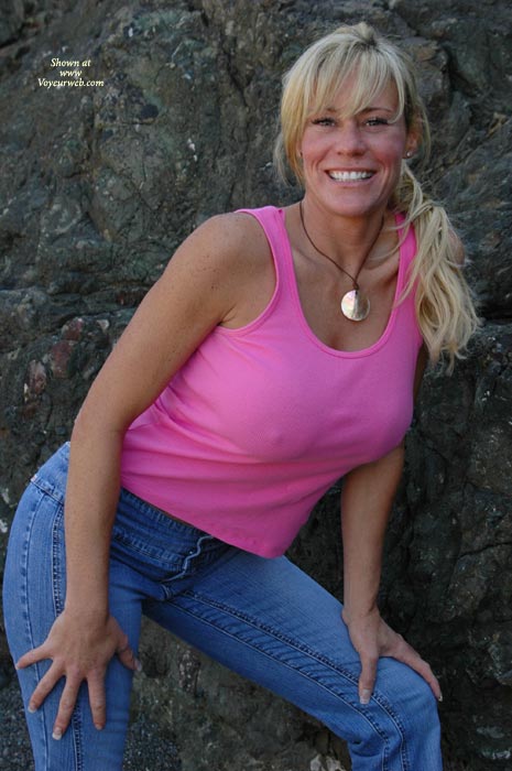 Blonde Beauty With Hard Nipple - Jeans , Blonde Beauty With Hard Nipple, Pink Tank Top, No Nudity, Tight Designer Jeans, Nice Smile, Hard Nipples In Pink T&#45;shirt, Blonde Outdoor No Nude