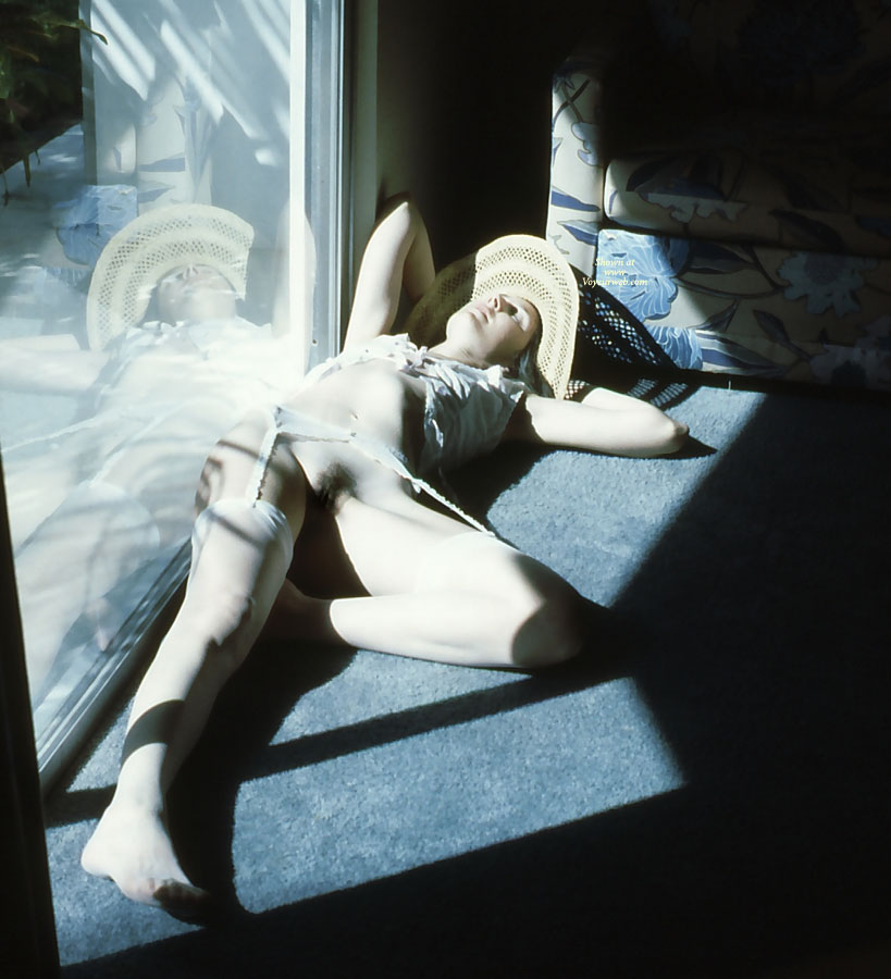 Sexy Daydreaming - Nude Amateur, Nude Wife , Breasts Covered Loosely, White Garter Belt, White Lingerie, Sun Luver, White Stockings, Sun Snooze, White Silk Stockings, Pantiless By Window, Hairy Snatch