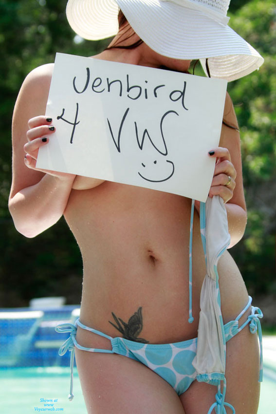 Topless Bikini Girl Greeting Voyeurweb - Topless , Topless Chick, Jenbird For Voyeurweb Slogan, Topless Girl, Sign And Sun Hat, Deep Navel, White Hat, Topless Girl With Vw Sign, Nude Me, Poster Post, Polka Dot Cunt Sling