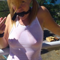 Wife With Wet Shirt And Ball Gag - Blonde Hair , Flipping A Birdie, Ball Gag, Pantieless Amateur, Fuck You Buddy, Outdoor Bdsm, Showing The Finger, Wife Bdsm, Mouth Gag