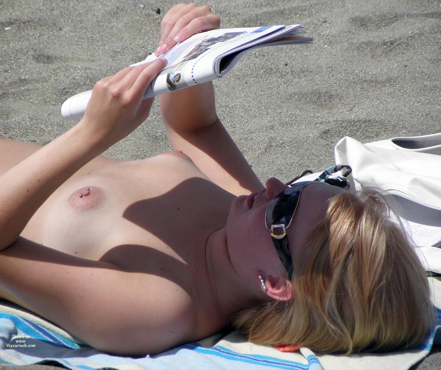 Pierced Nipple Voyeured At Topless Beach - Sunglasses, Topless Beach, Topless, Beach Tits, Beach Voyeur , Pierced Nipple, Puffy Aerola, Blond, Reclining At Beach