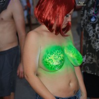 Painted Tits At Fantasy Fest 2011 - Big Tits, Topless , Green Painted Titties, Nude Bodypainting, Red Wig, Green Tits, Topless Girl With Painted Tits, Topless Fantasy Fest Body Painting, Festival Voyeur, Huge Boobs With Green Color, Big Tits Painted Green