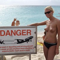 Topless At The Beach - Hard Nipple, Sunglasses, Sexy Panties , Topless At The Beach, Danger Sign, B-cup Breasts, Blond Nude, Hard Nipples, Black Panties, Sunglasses, Seen On Beach, Pointy Boobs