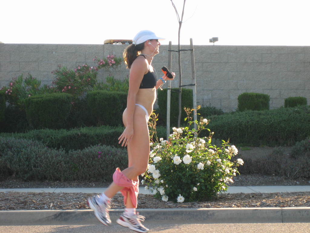 Jogging With Shorts Falling Down , White Thong, White Cap, Pink Shorts, Jogger Teasing In Public, Ankle High Socks, Running Shoes, Jogging In Thong, Black Sports Bra, White Panty, Dropped Her Shorts