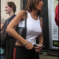Nipples Through Shirt - Hard Nipple , Sexy Clothed, Black Sweat Pants With Red Stripe, Braless White Tank Top, Perky Nipples, Form Fitting White Shirt, Public Show, Hot Nips In Public, Street Voyeur, White Tank Top, See Through