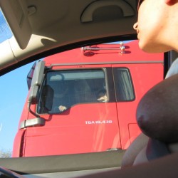 Large tits of my ex-wife - tit flash to truckers in germany