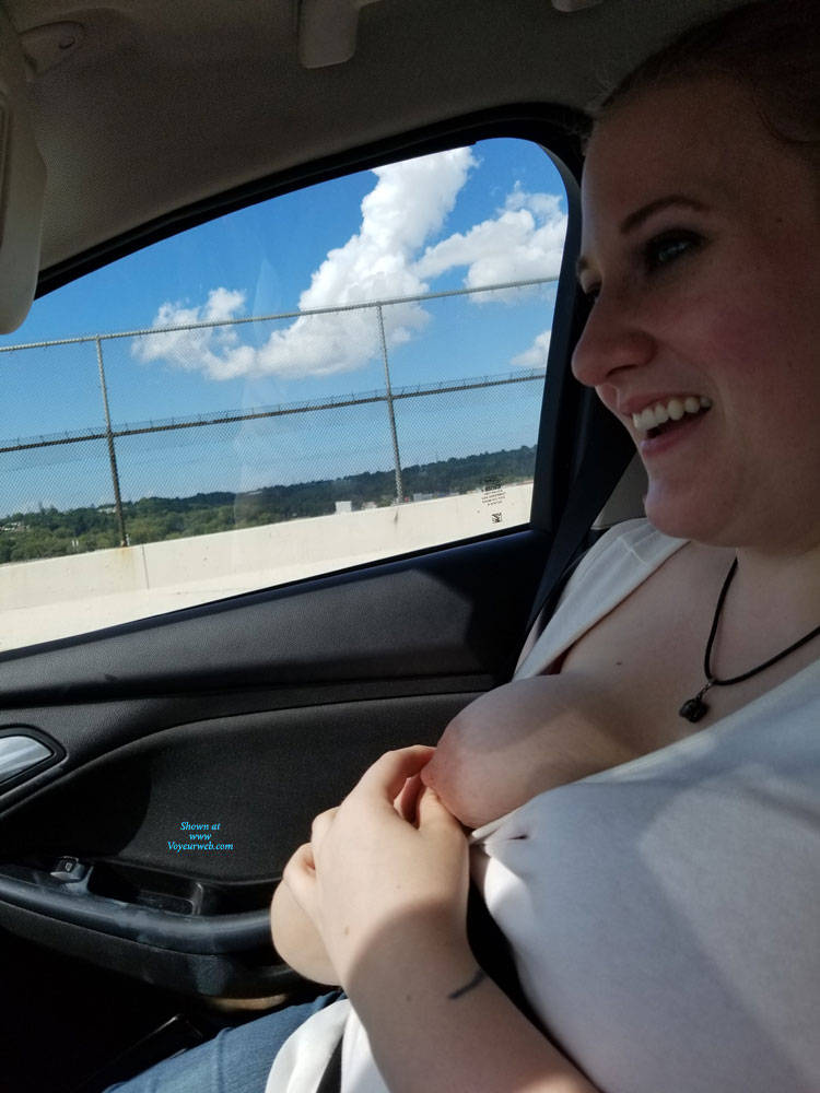 Pic #1Flashing Tits In The Car On Vacation - Big Tits, Public Exhibitionist, Flashing, Outdoors, Amateur