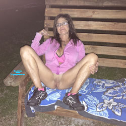 Pic #1 Camping fun  - Brunette, Legs Spread Wide Open, Outdoors, Pussy, Shaved, Pantieless Wives, Wife/wives