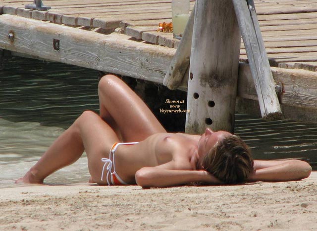 Topless Girl Sunbathing - Brown Hair, Small Breasts, Topless, Beach Voyeur , Orange White Bikini, Bikini