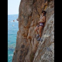 Extreme Climbing Topless - Topless , Hiking Boots, Multi Colored Shorts, Climbing Harness, Outdoors, Public