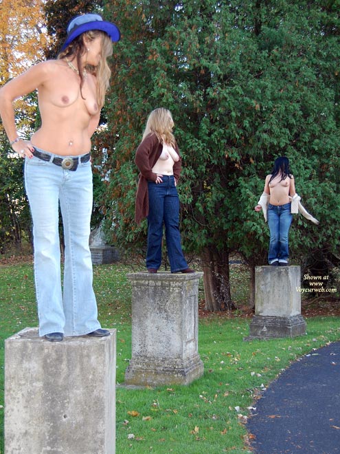 Three Topless Exhibitionists On Stone Pedestals By Road - Exhibitionist, Flashing, Natural Tits, Topless , Jeans, Live Statues Topless, Living Monuments, Naked On A Pedestal, Three Sets Of Natural Tits, Three Topless Girls On Pedestals, Live Art On Pedestals, Three Girls Comparing Tits In A Garden, Tits And Jeans