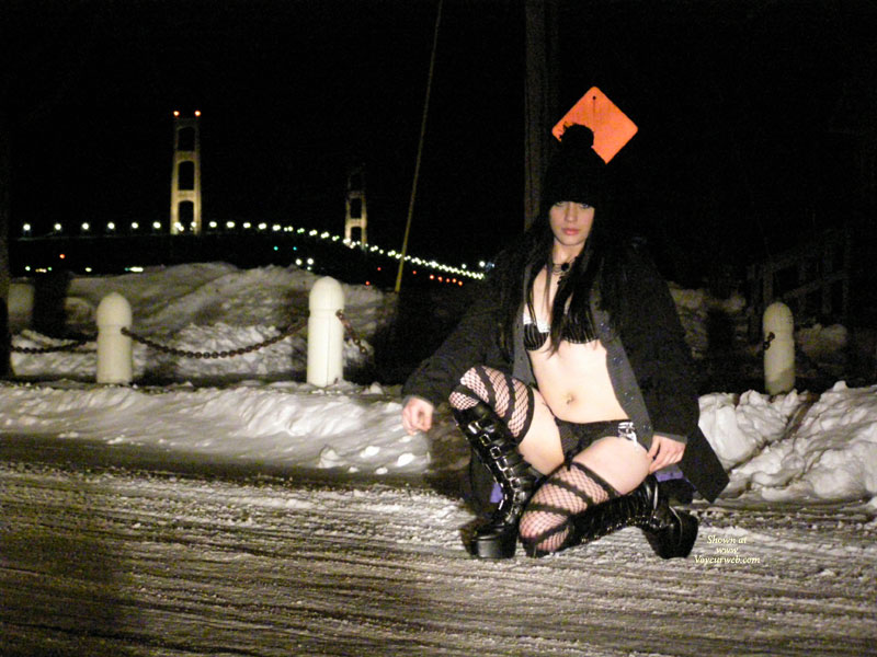 Barely Dressed In The Snow - Stockings , Black Cap And Fishnet Stocking, Black Panty, Long Black Open Coat, Black Bra, On The Street, Goth Knee High Boots, Black Mesh Stockings